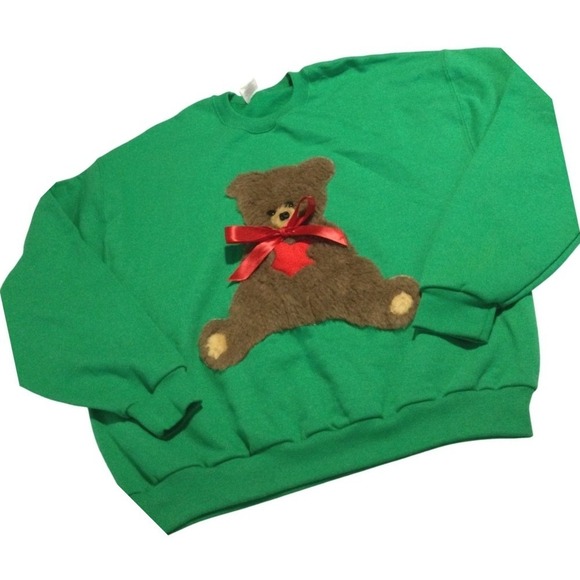 Jerzees Tops - Vintage Jerzees Teddy Bear Crewneck Sweatshirt Green Fuzzy Applique 3D size L